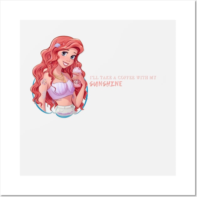 Mermaid Princess with Strawberry Frappuccino Wall Art by Amadeadraws